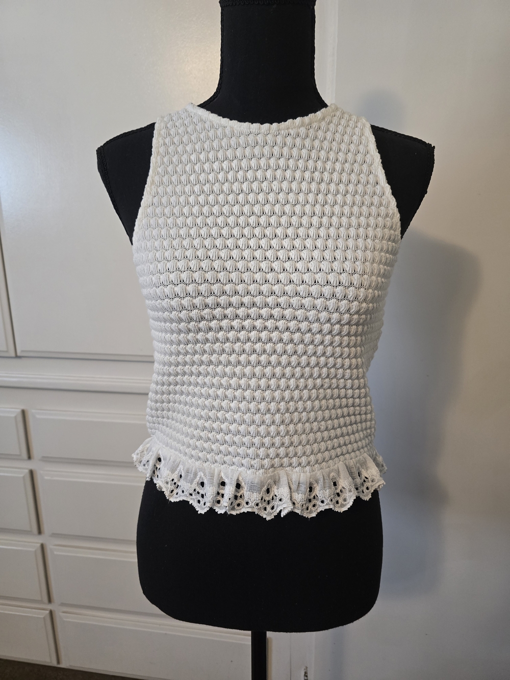 Zara White Crochet Knit Tank with Lace Ruffle Hem